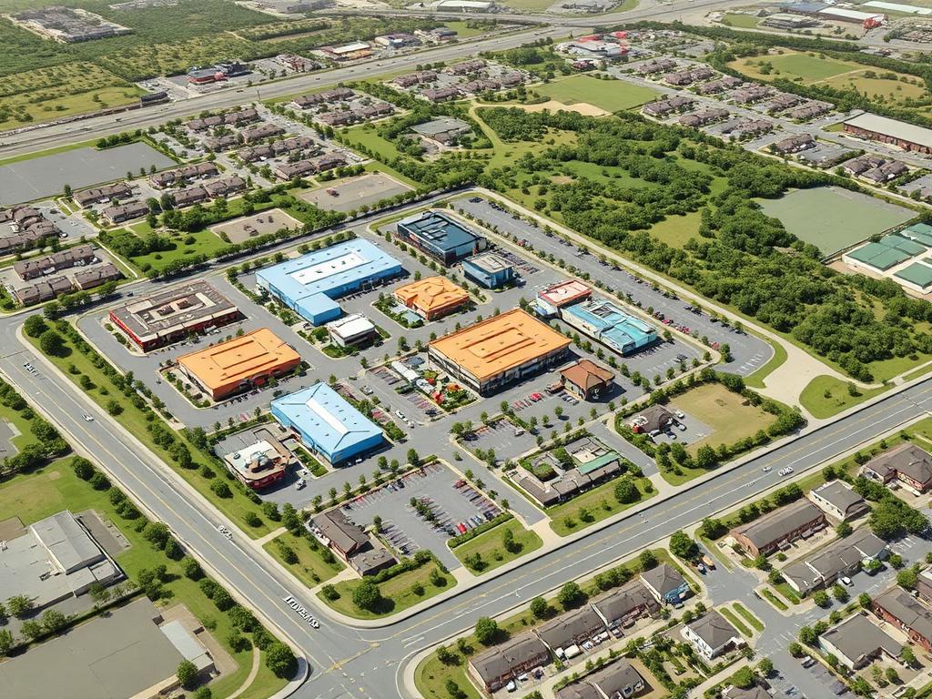 Illustrated site plan with map overlay for a commercial development